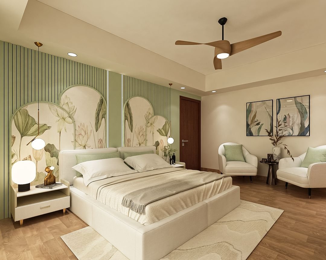 Tropical Sage Green Fluted Wood Wall Design with Arched Inserts