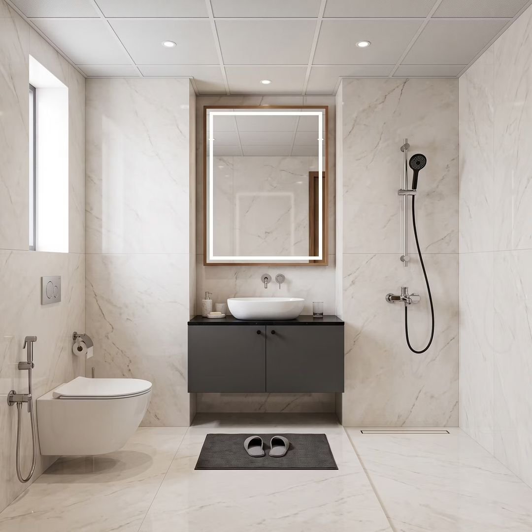 Off White Bathroom Design with Wooden Frame Lighted Mirror