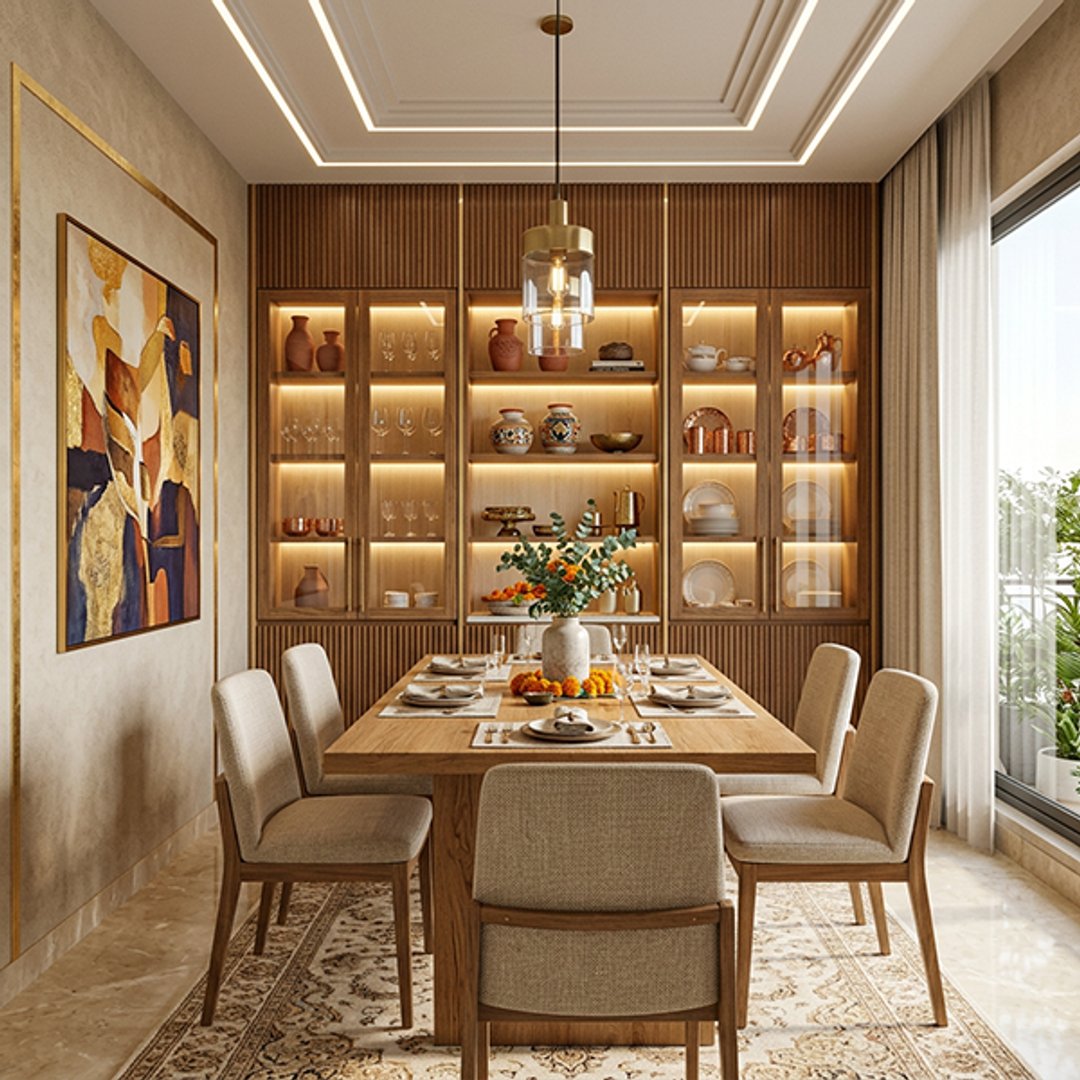 Contemporary Dining Room Design with Full-Wall Fluted Panel Display Cabinet