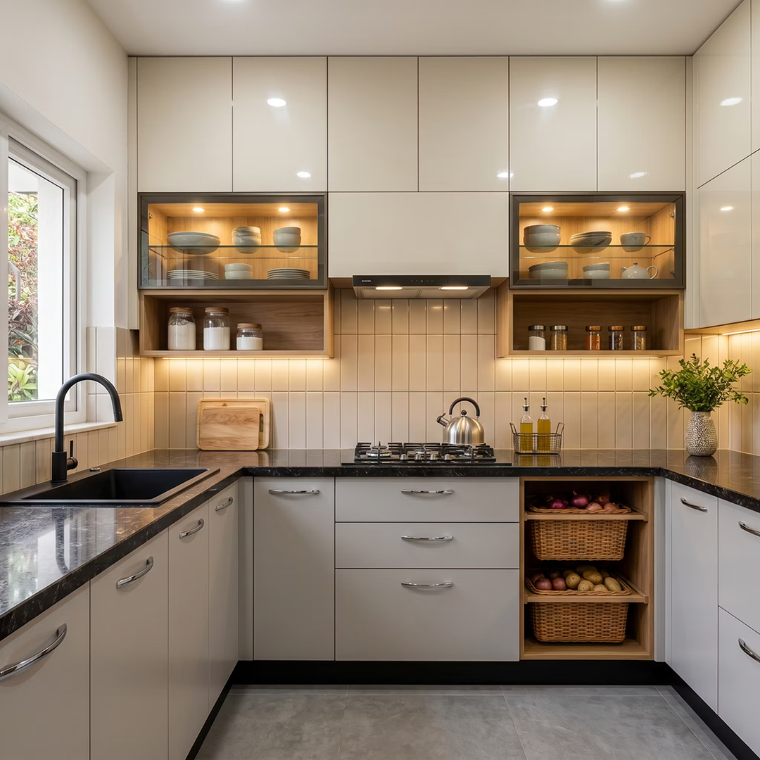 U-Shaped Kitchen Design with Beige and Grey Cabinets and Woven Basket Storage