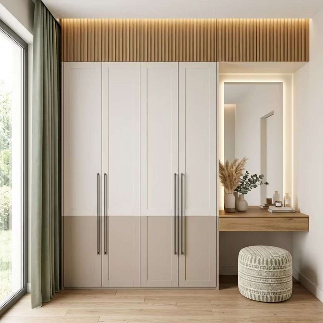 Classic 4-Door Swing Wardrobe Design with Integrated Vanity Counter and Backlit Mirror