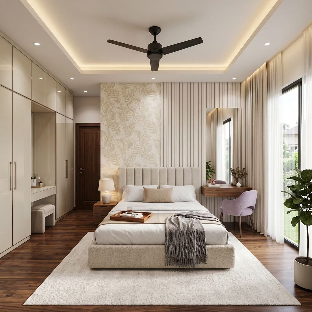 Modern Wall Design with Cream Fluted Panels and Vertical Mirror
