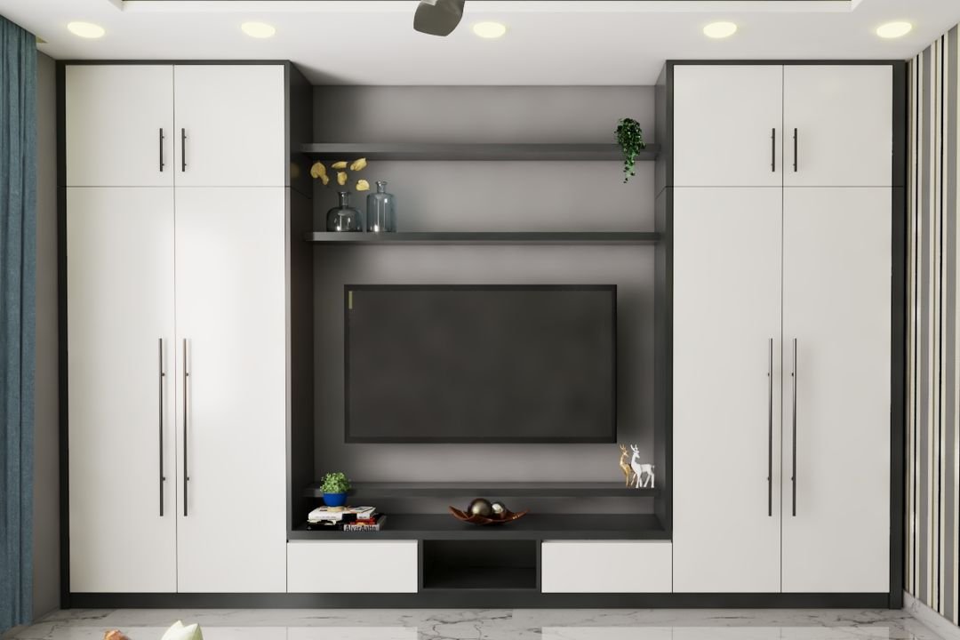 White Wardrobe Design With TV Unit - Livspace