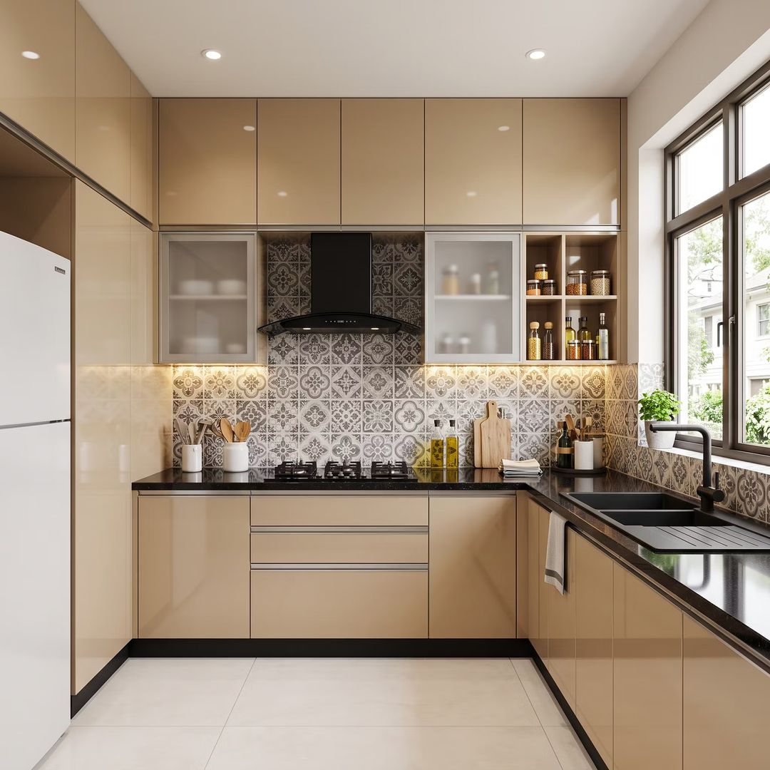 Transitional Beige U-Shaped Kitchen Design