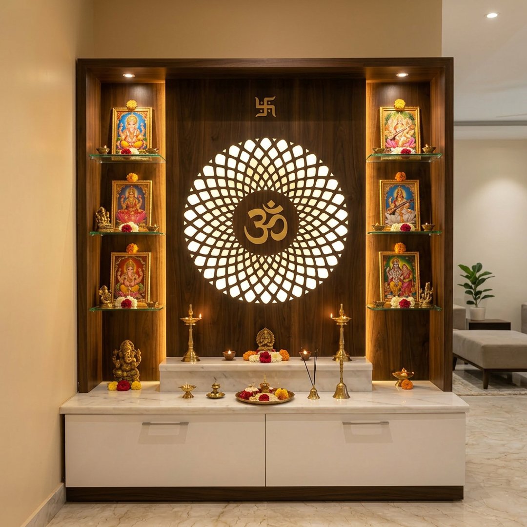 Contemporary Pooja Room Design with Backlit Circular Om Cutout and Floating Glass Shelves