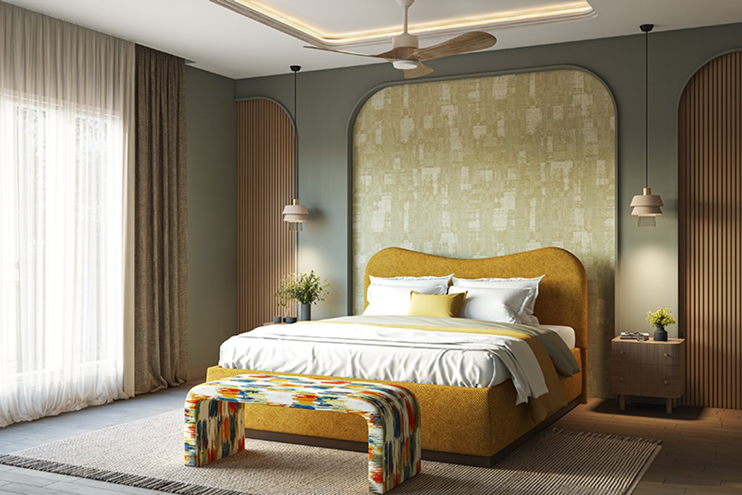 Contemporary Arched Wall Design with Textured Wallpaper and Fluted Panels