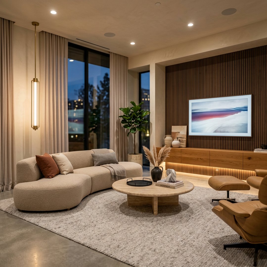 Contemporary Living Room Design with Boucle Sectional and Slat Wall
