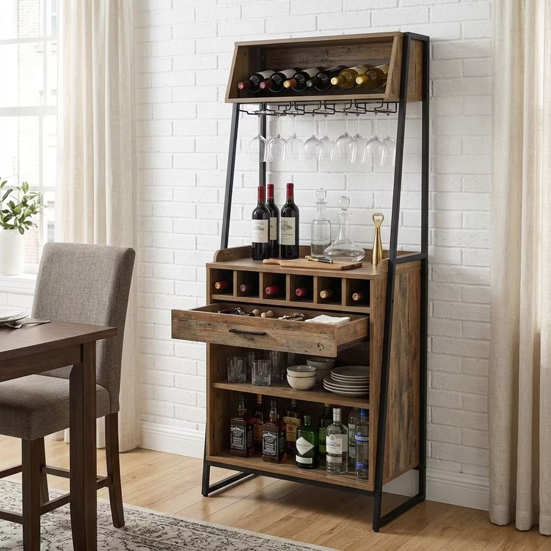 Industrial Wood Home Bar Design with Scalloped Rack and Pull Drawer