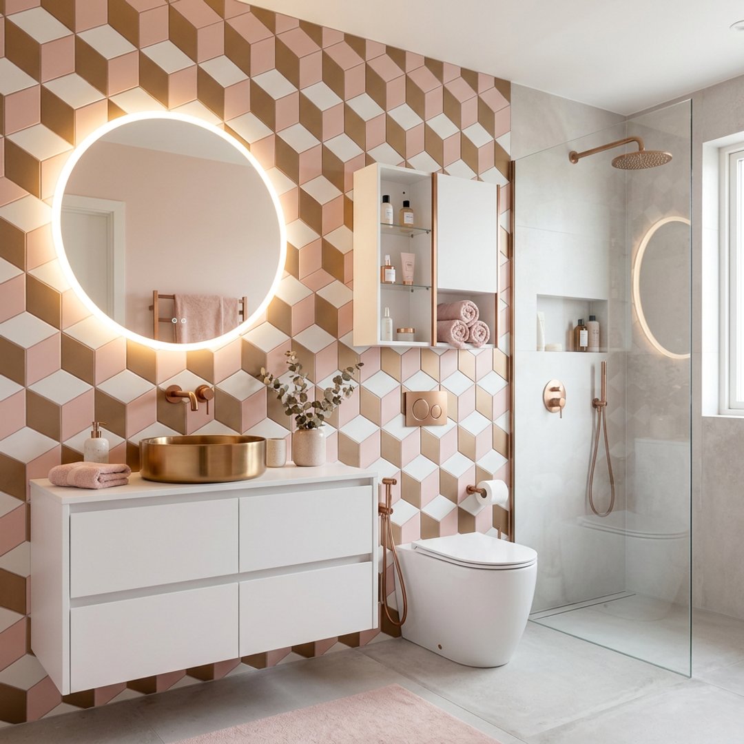Contemporary Dusty Pink Bathroom Design with Rose Gold Accents