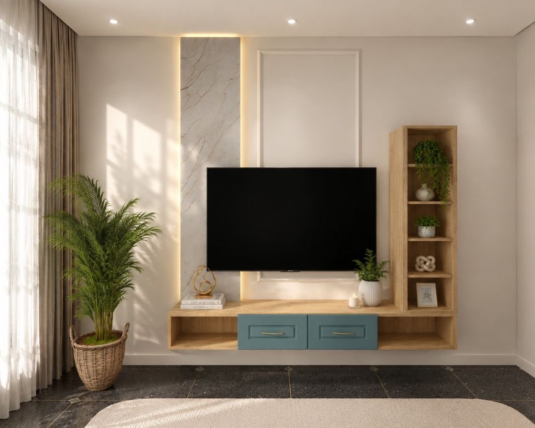 Modern Oak and Blue TV Unit Design with Backlit Marble Back panel
