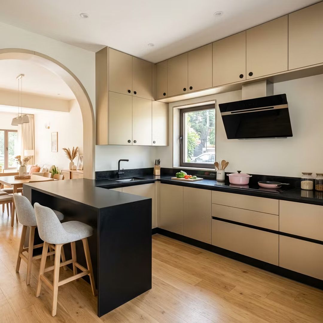 Contemporary Beige U-Shaped Kitchen Design