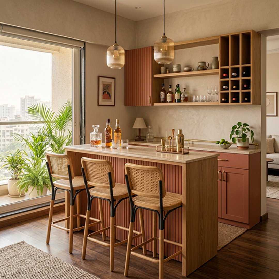 Transitional Terracotta and Wood Home Bar Design with Rattan Stools