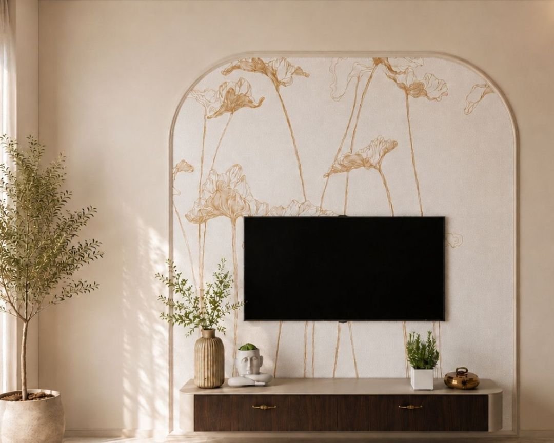 Modern Canadian Walnut TV Unit Design with Gold Lotus Backdrop Arch