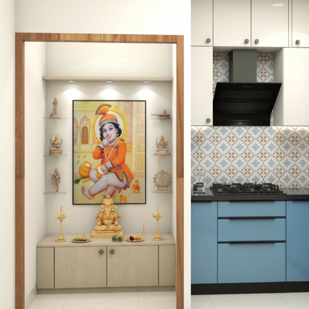 Modern Pooja Room Design with Acacia Wood Trim and Framed Krishna Artwork