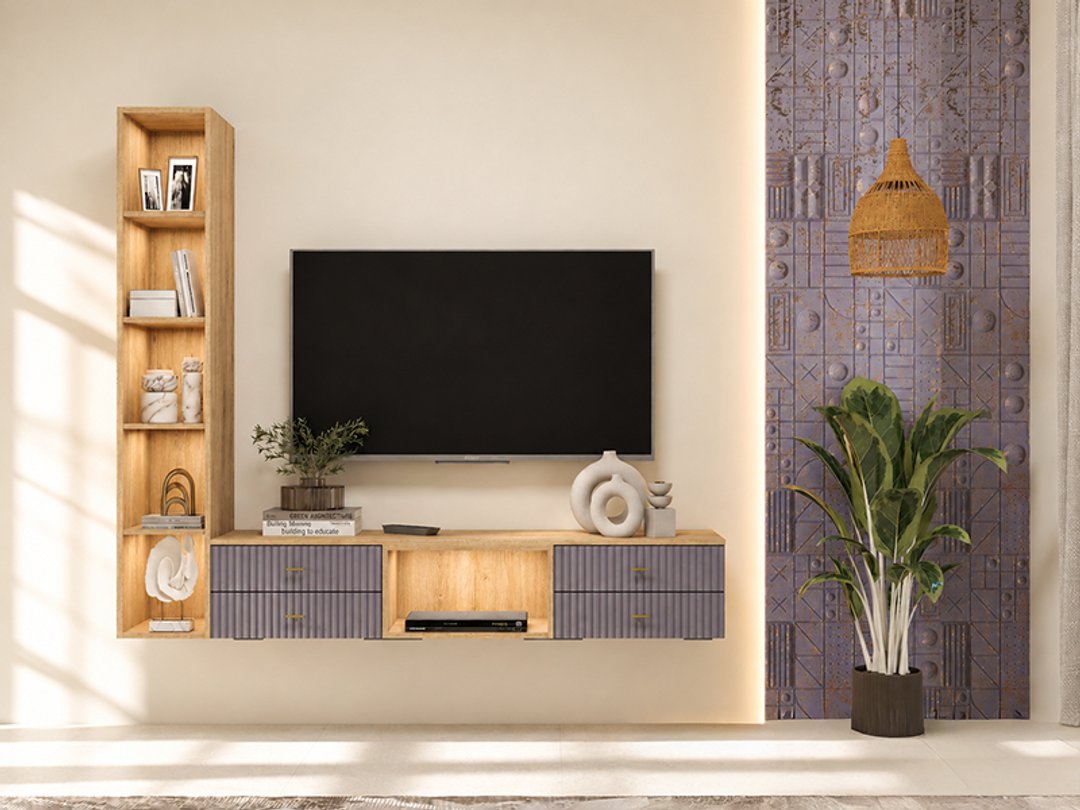 Contemporary Lilac and Oak TV Unit Design with Fluted Drawers and Open Rack