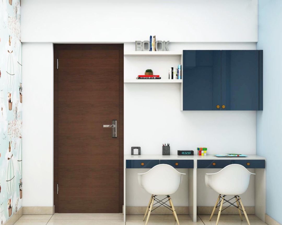 Modern Shore Blue And Frosty White Study Room Design With Two White Chairs