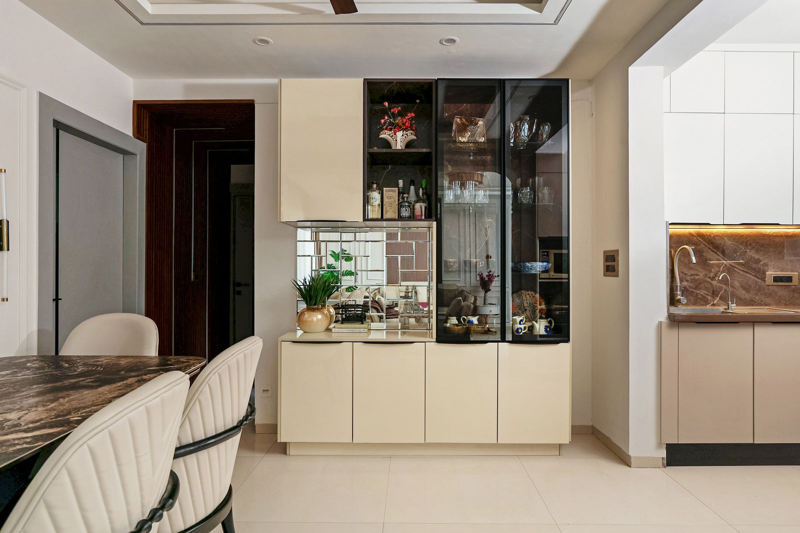 Crockery Unit Design with Cream and Tinted Glass Shutter Units
