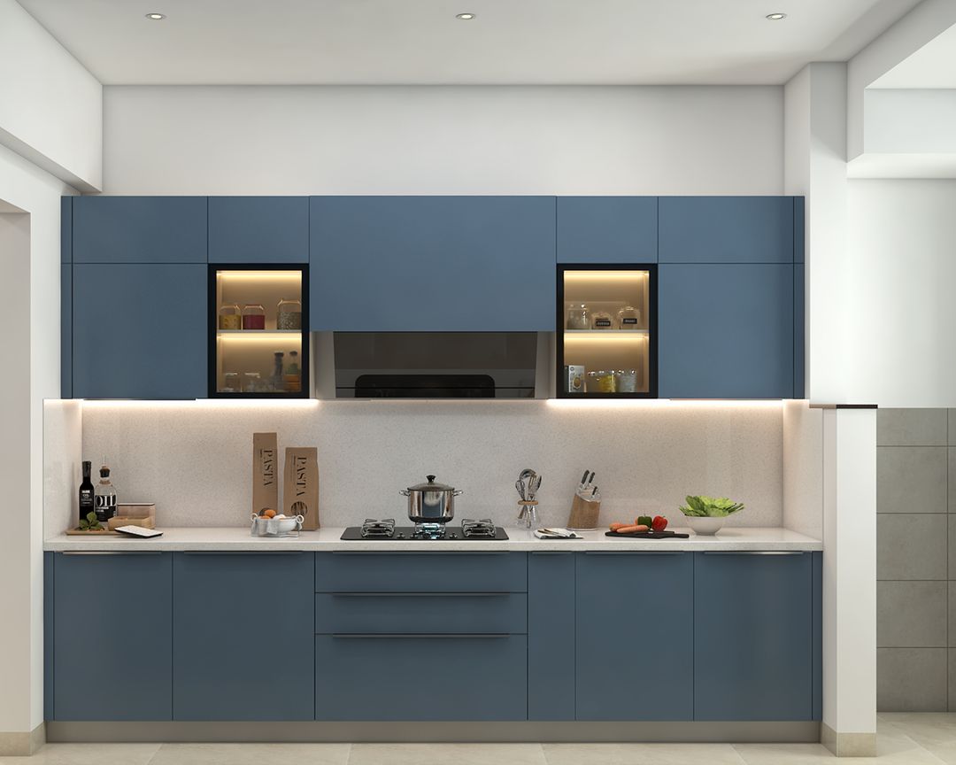 Modern Blue Parallel Kitchen Design with Storage