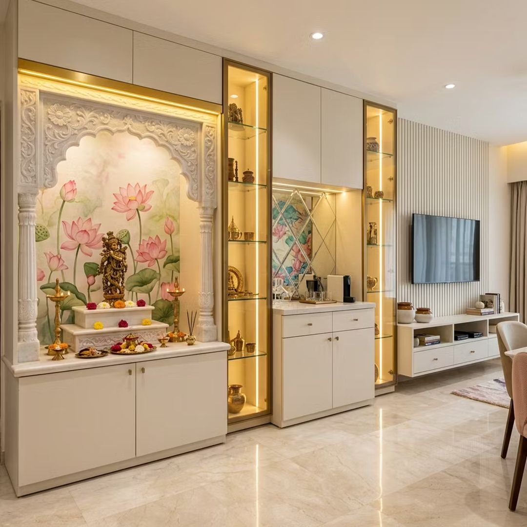Pooja Room Design with Floral Carved Arch and Lotus Backdrop Wall