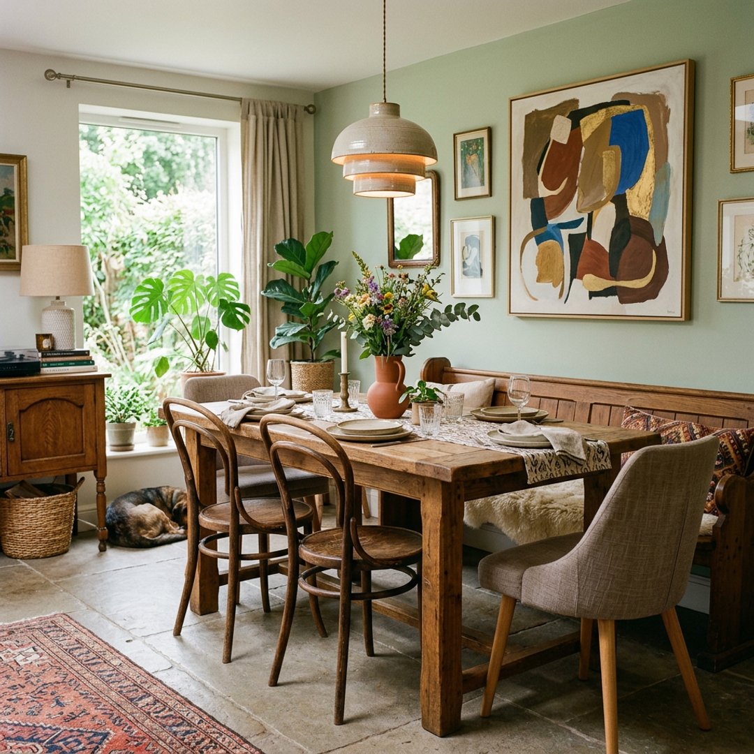 Mid-Century Modern Dining Room Design with Solid Wood Table and Banquette