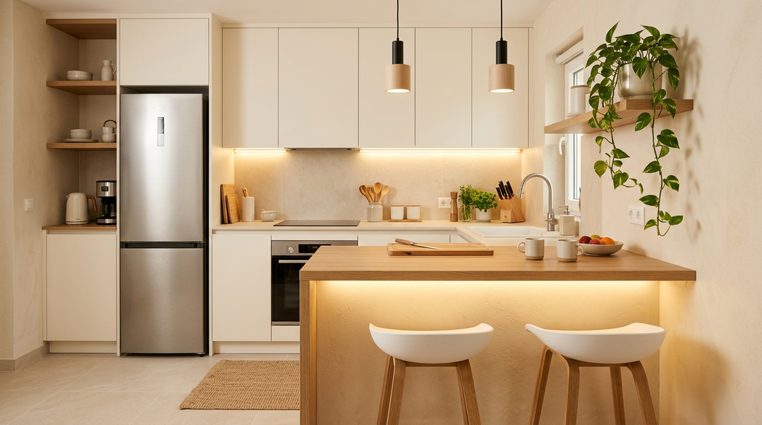Modern Open Kitchen Design with Champagne Coloured Cabinets and Wood Island