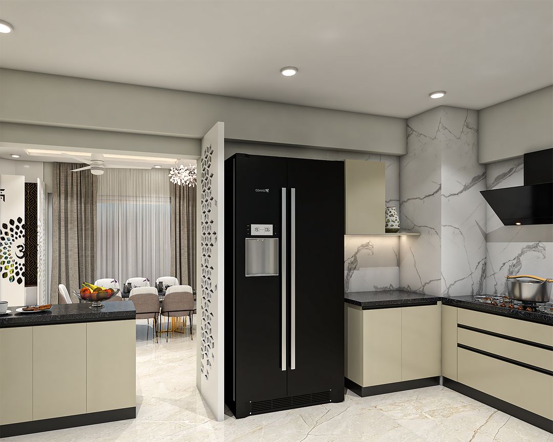Modern U-Shaped Kitchen Design in Beige and Black