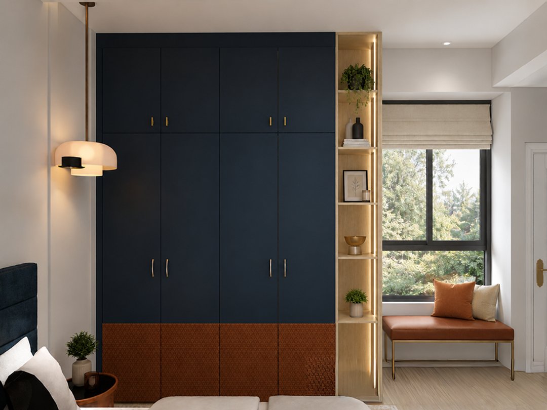 Modern Blue and Taupe 4-Door Swing Wardrobe with Illuminated Shelves