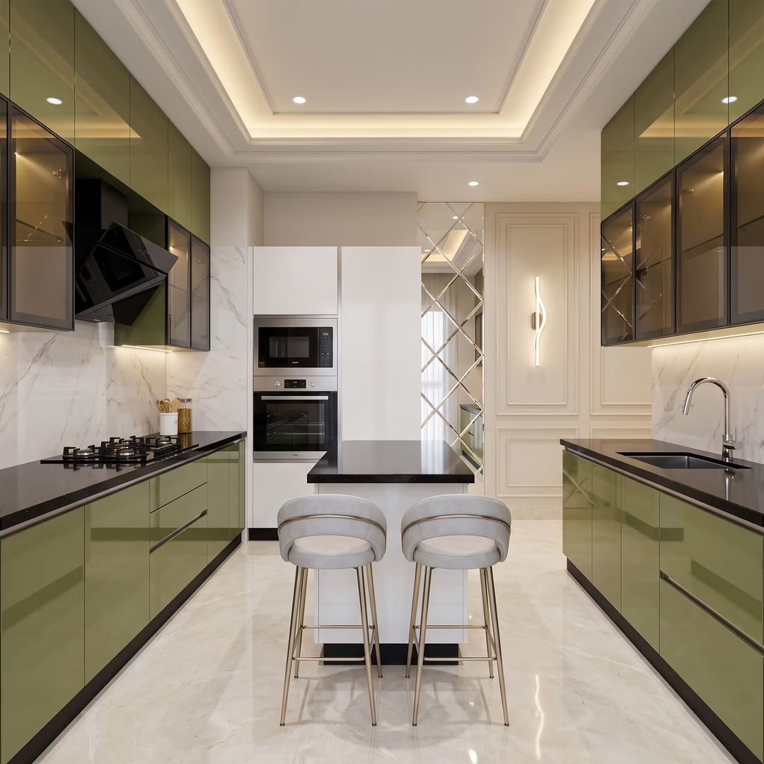 Contemporary Parallel Green Kitchen Design with Breakfast Bar