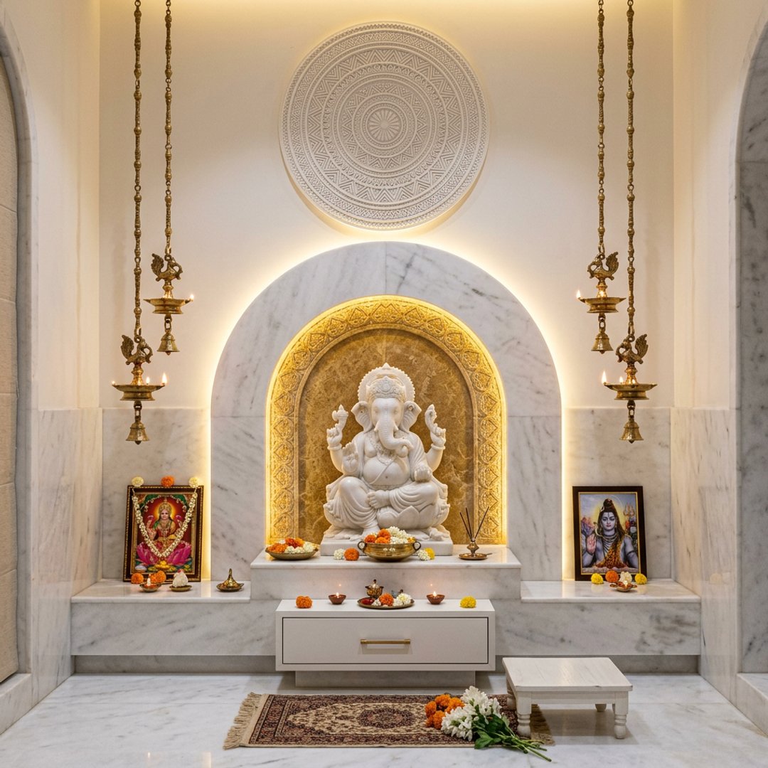 Modern Pooja Room Design with Marble Archway and Carved Wall Medallion