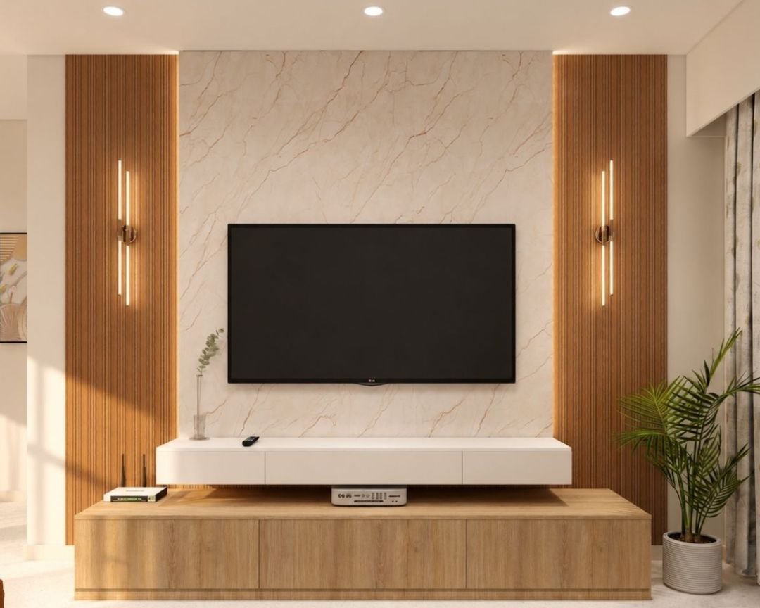 Contemporary Santana Oak TV Unit Design with Marble-Look Backboard