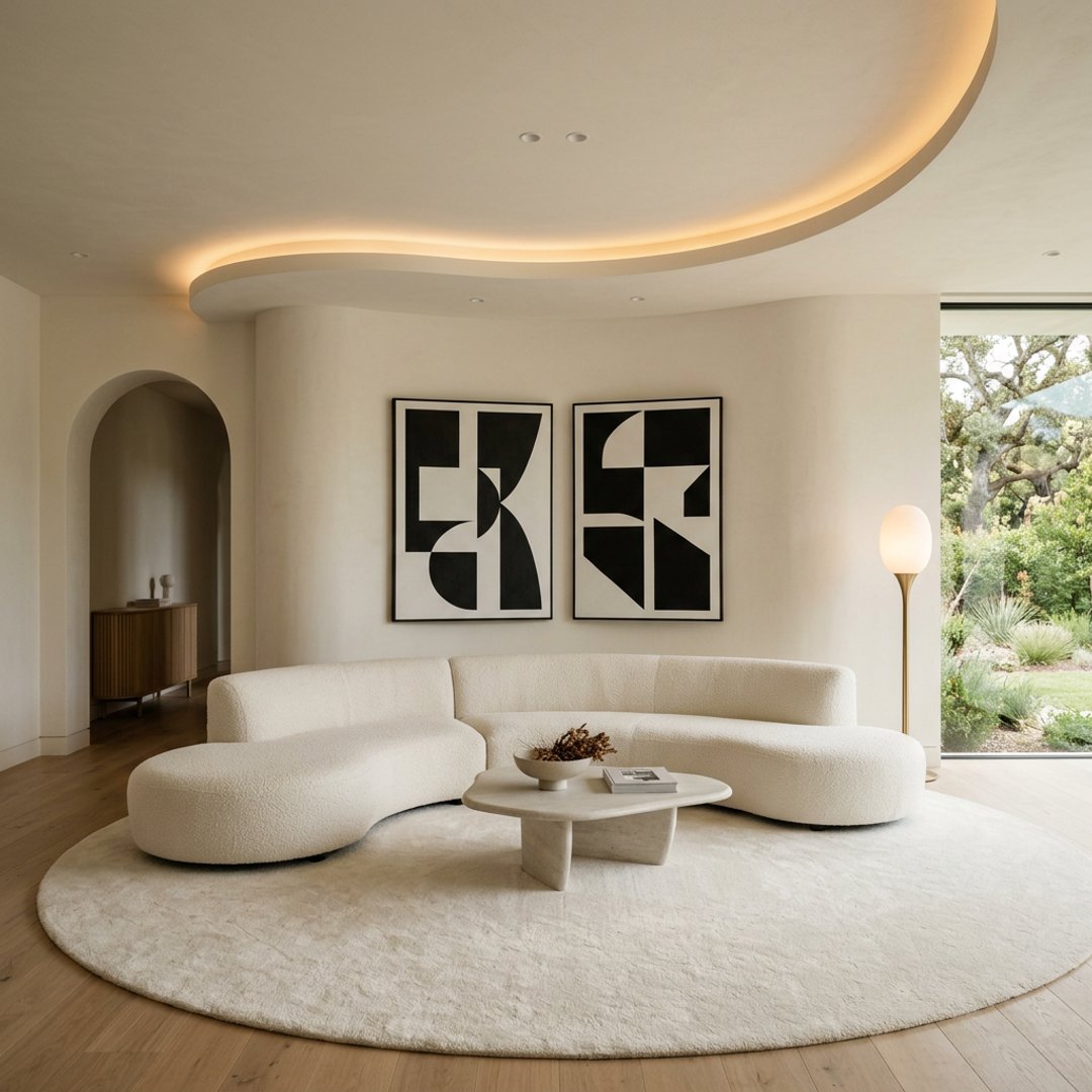Modern Single Layer Gypsum False Ceiling Design with Sweeping S-Curve Cove Light