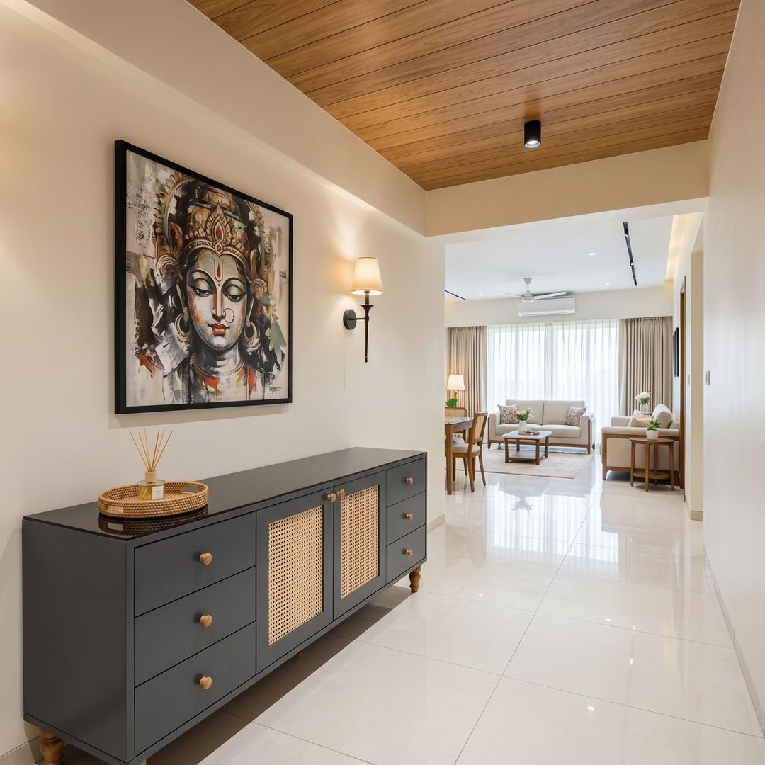Classic Wood Single Layer False Ceiling Design with Rectangular Panel and Wall Lights