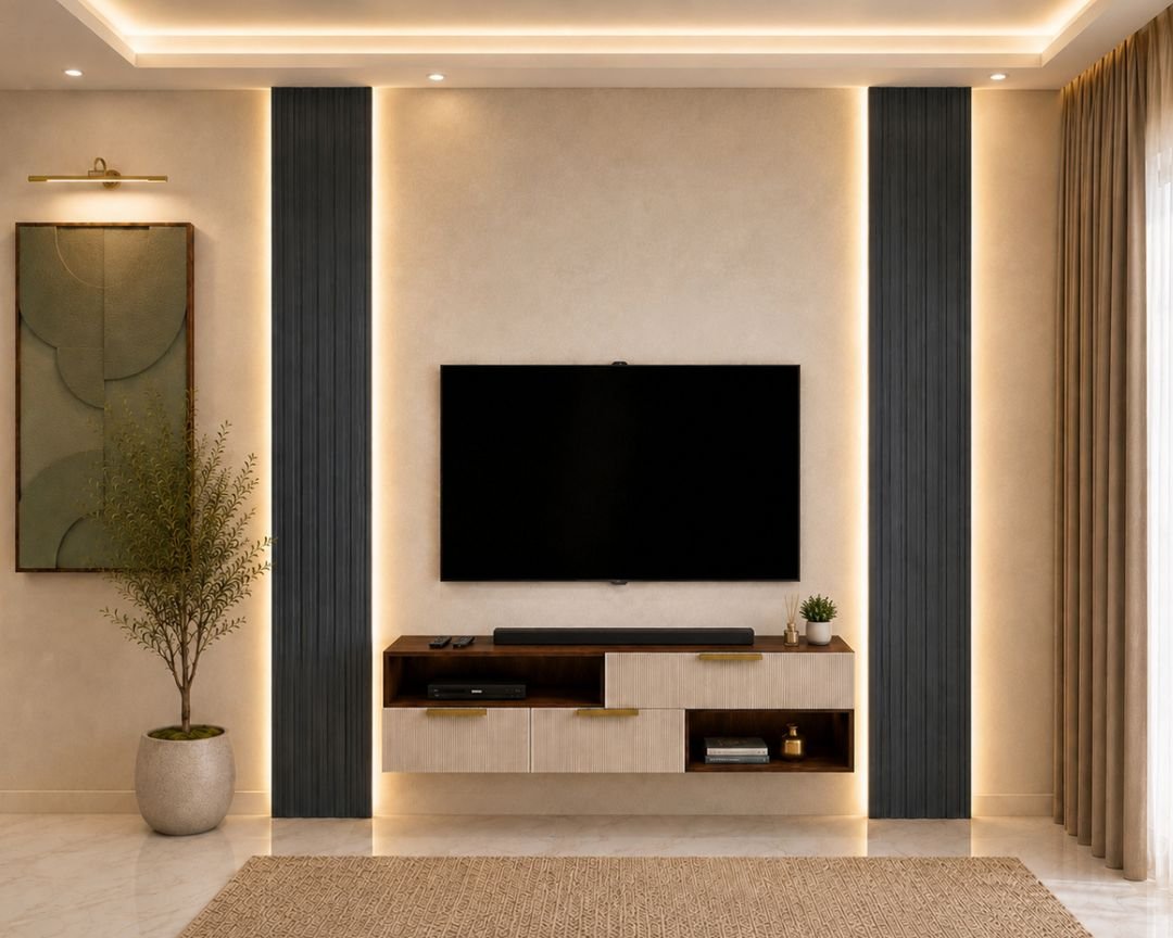 Contemporary Beige TV Unit Design with Charcoal Fluted Pillars