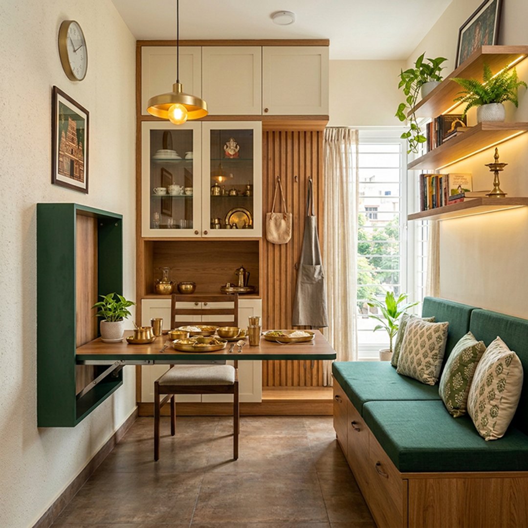 Traditional Compact Dining Room Design with Fold-Down Green Table