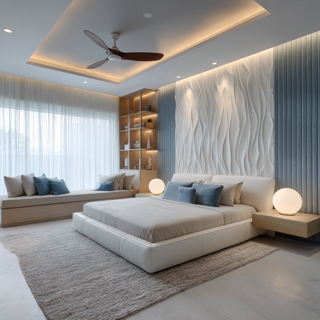 Blue and White Contemporary Wall Design with Wall Louvers and Wave Board