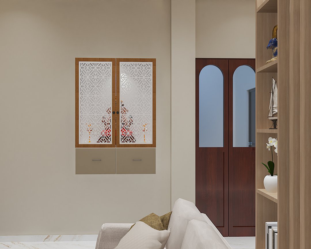 Contemporary Taupe and White Pooja Design with Jaali Shutters