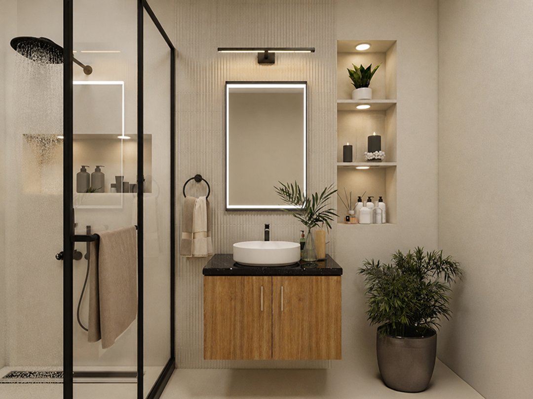 Minimal Bathroom Design with Beige Tiles and Glass Display Shelves