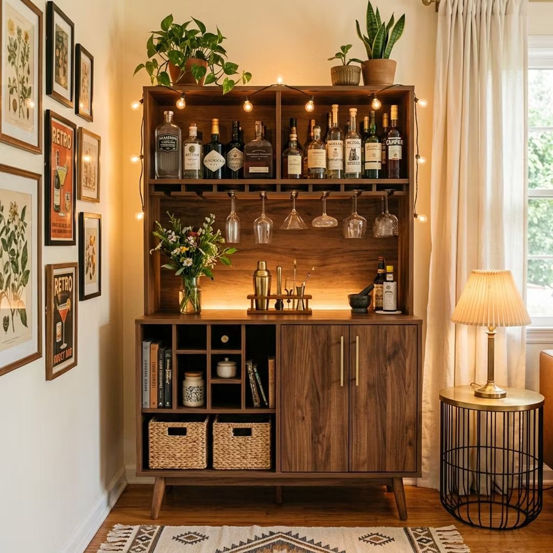 Mid-century Home Bar Design featuring Open Shelf with Backlit Middle Counter Section and Wine Grid
