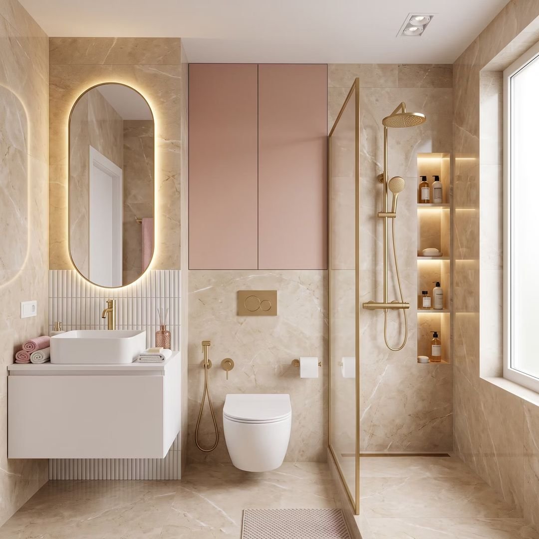 Bathroom Design with Pink Accent Wall and Gold Fixtures