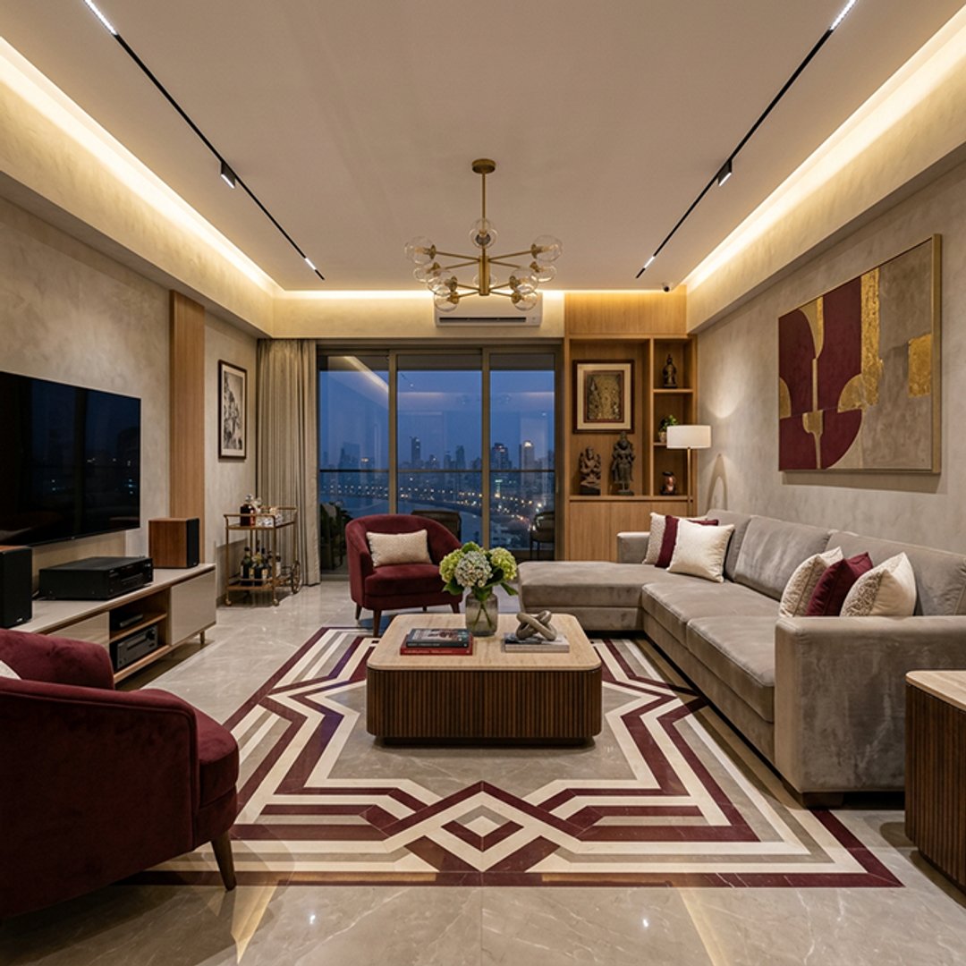Contemporary Living Room Design with Bold Marble-Inlay Floor Rug