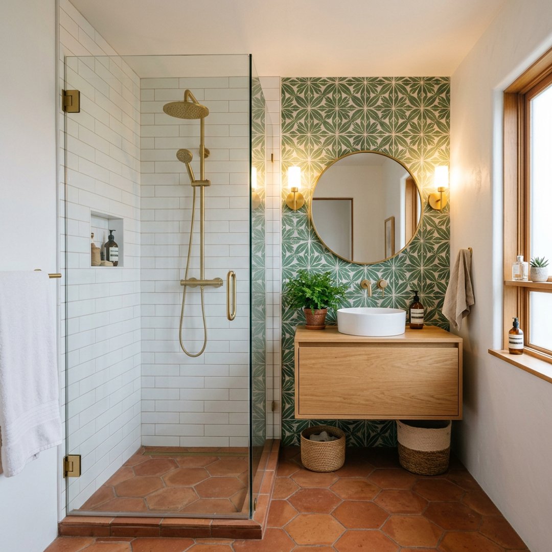 Modern Bathroom Design with Botanical Wallpaper and Round Backlit Mirror