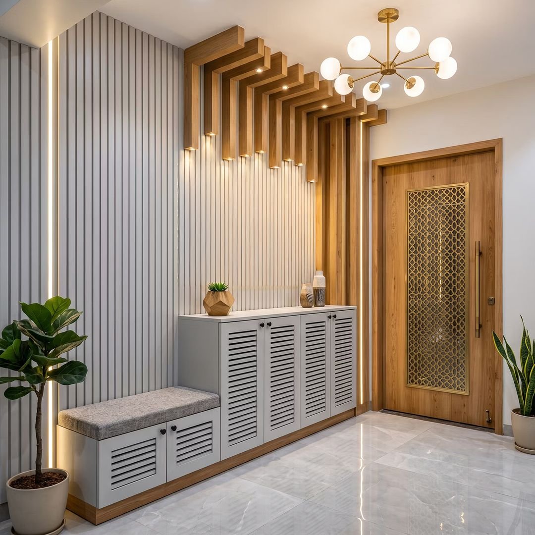 White Scandinavian Fluted Louver Wall Design with Wooden Ceiling Rafters