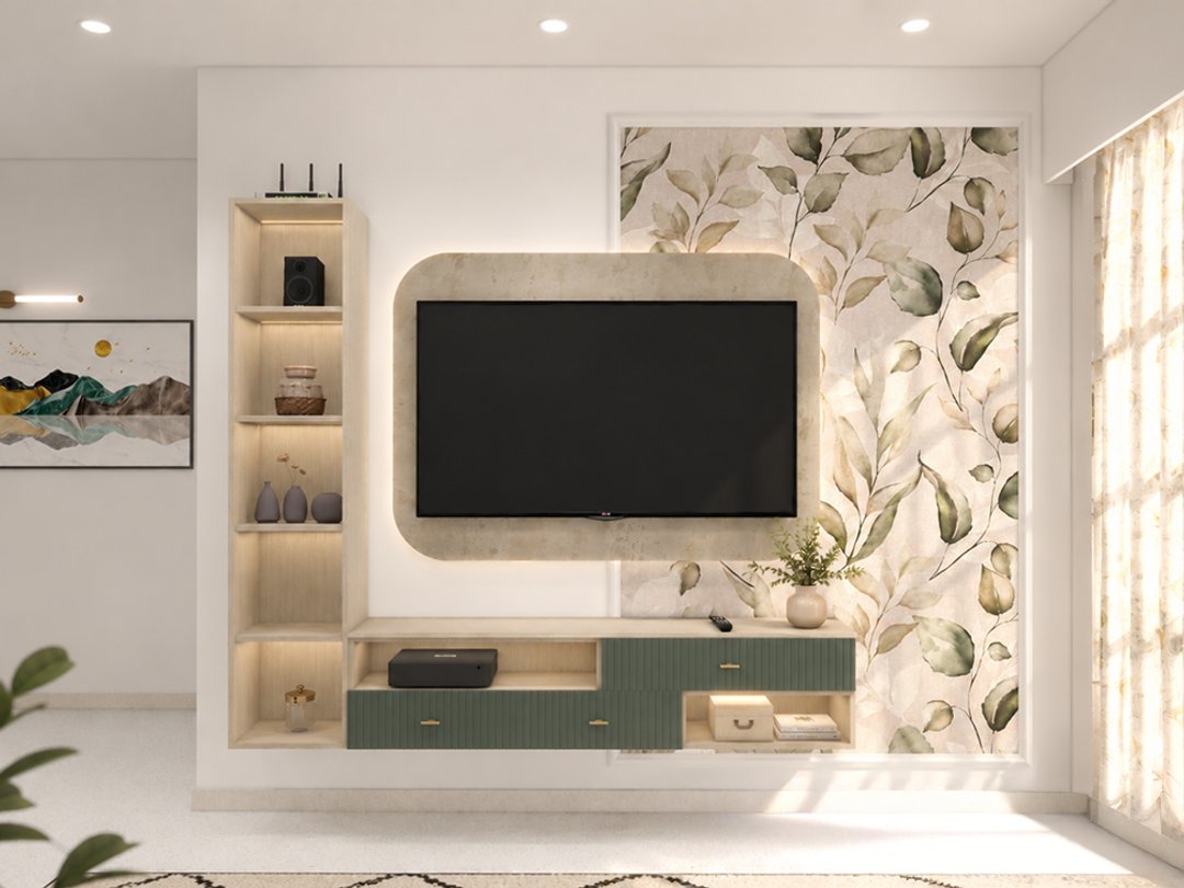 Modern Green TV Unit Design with Fluted Drawers and Botanical Accent
