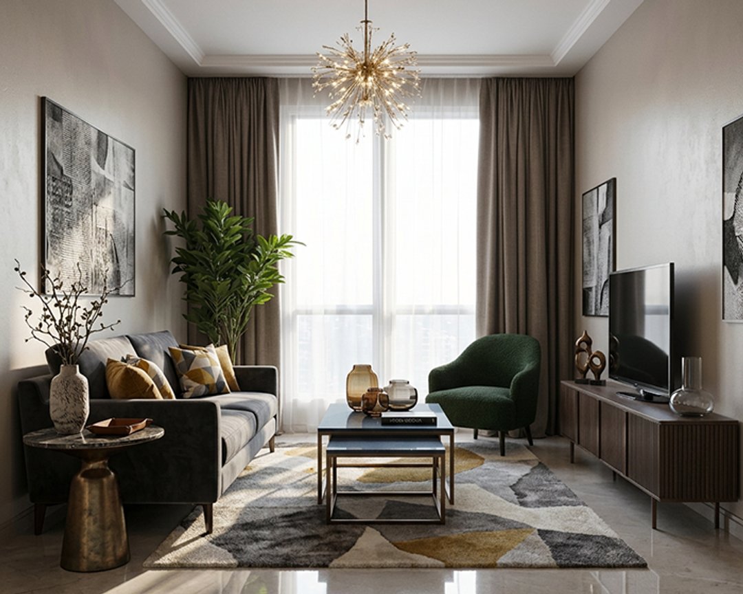 Eclectic-Glam Living Room Design with Brass Starburst Chandelier
