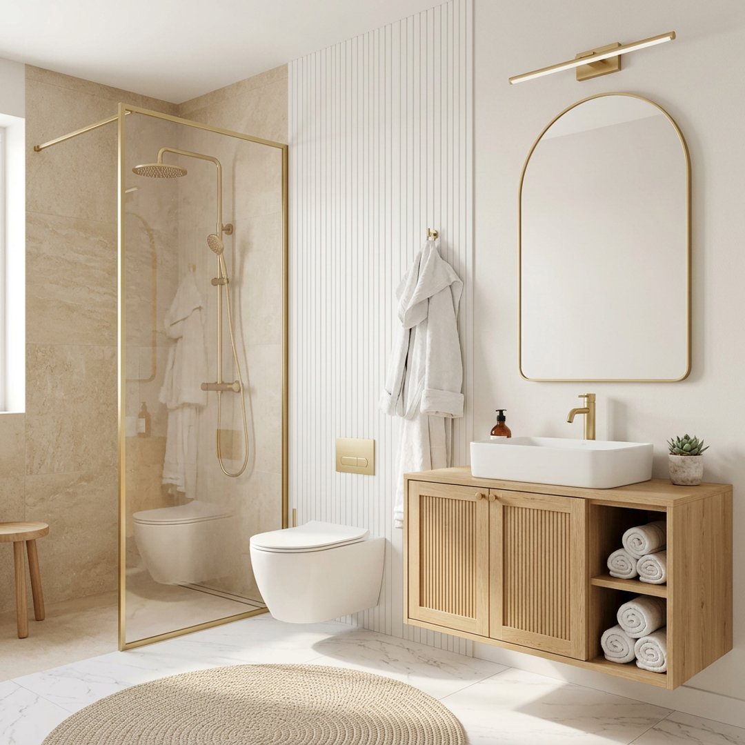Minimal Bathroom Design with Arch Top Mirror and Brushed Brass Accents