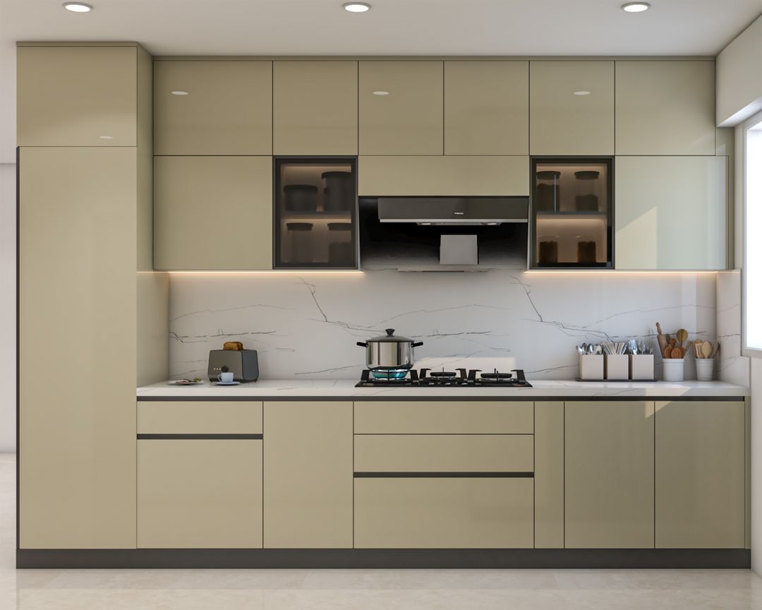 Modern Beige Open Kitchen Design with Glass Cabinets