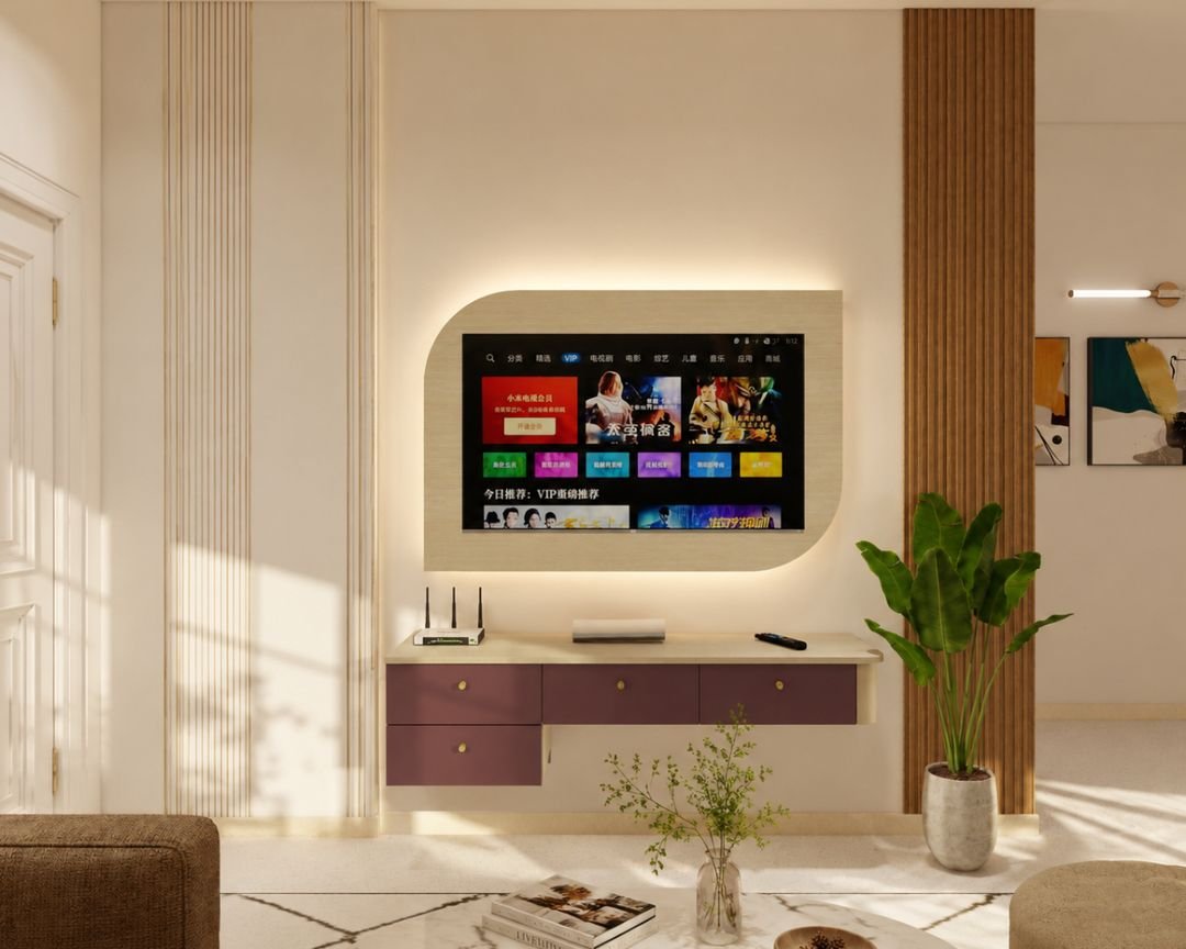 Modern Enigma TV Unit Design with Light Wood Backboard