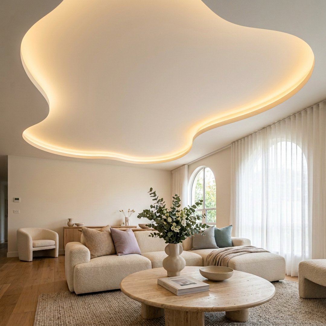 Modern Living Room Design with Cream Boucle Sectional and Arched Windows
