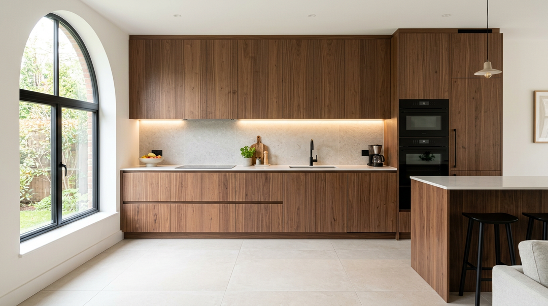 Classic Open Kitchen Design with Rich Wood Cabinets and Arched Window