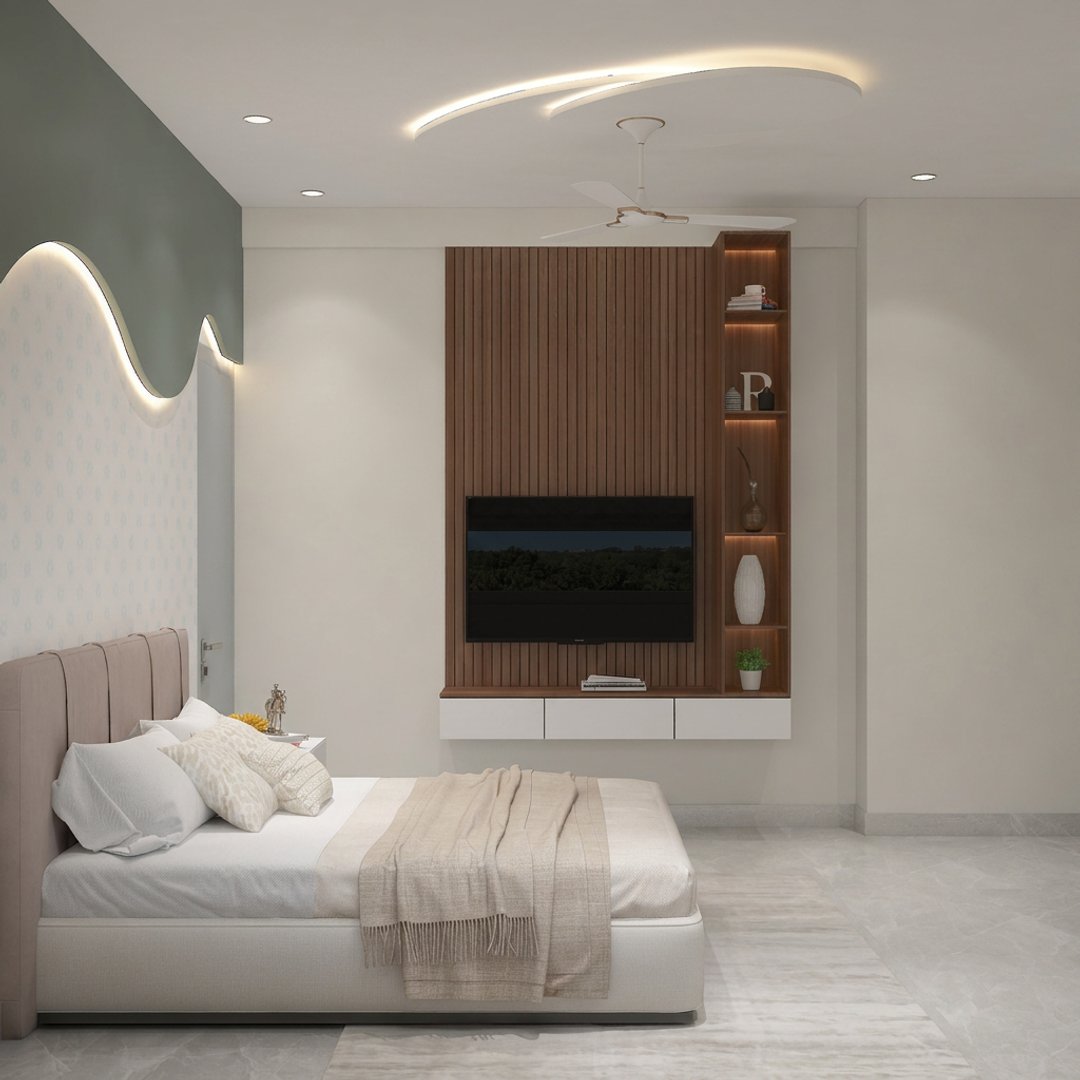 Contemporary Full-Height Fluted Wood TV Unit Design with Backlit Shelving Tower